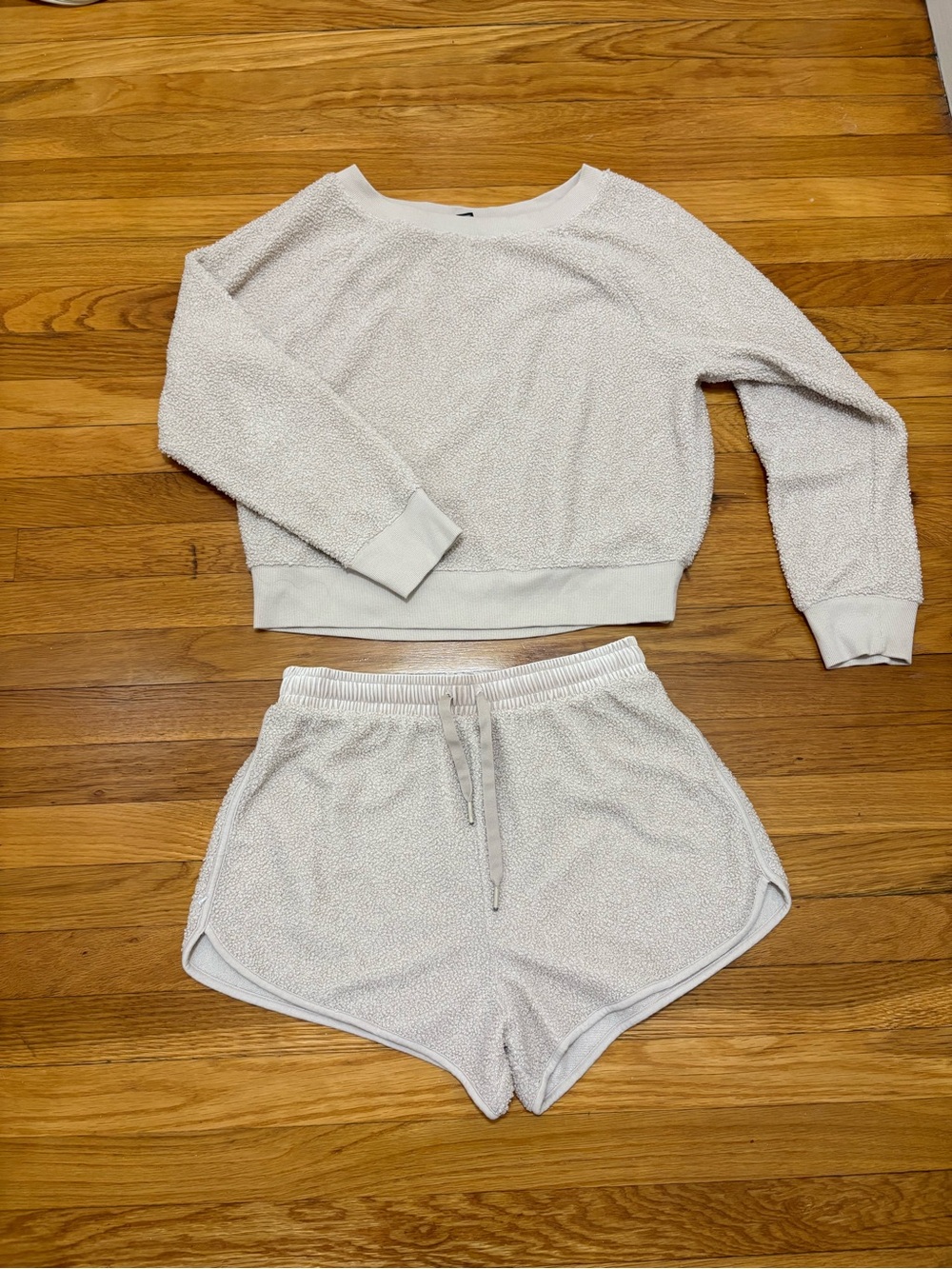 Victoria’s Secret Cream Textured Lounge Sweatshirt & Drawstring Shorts Set